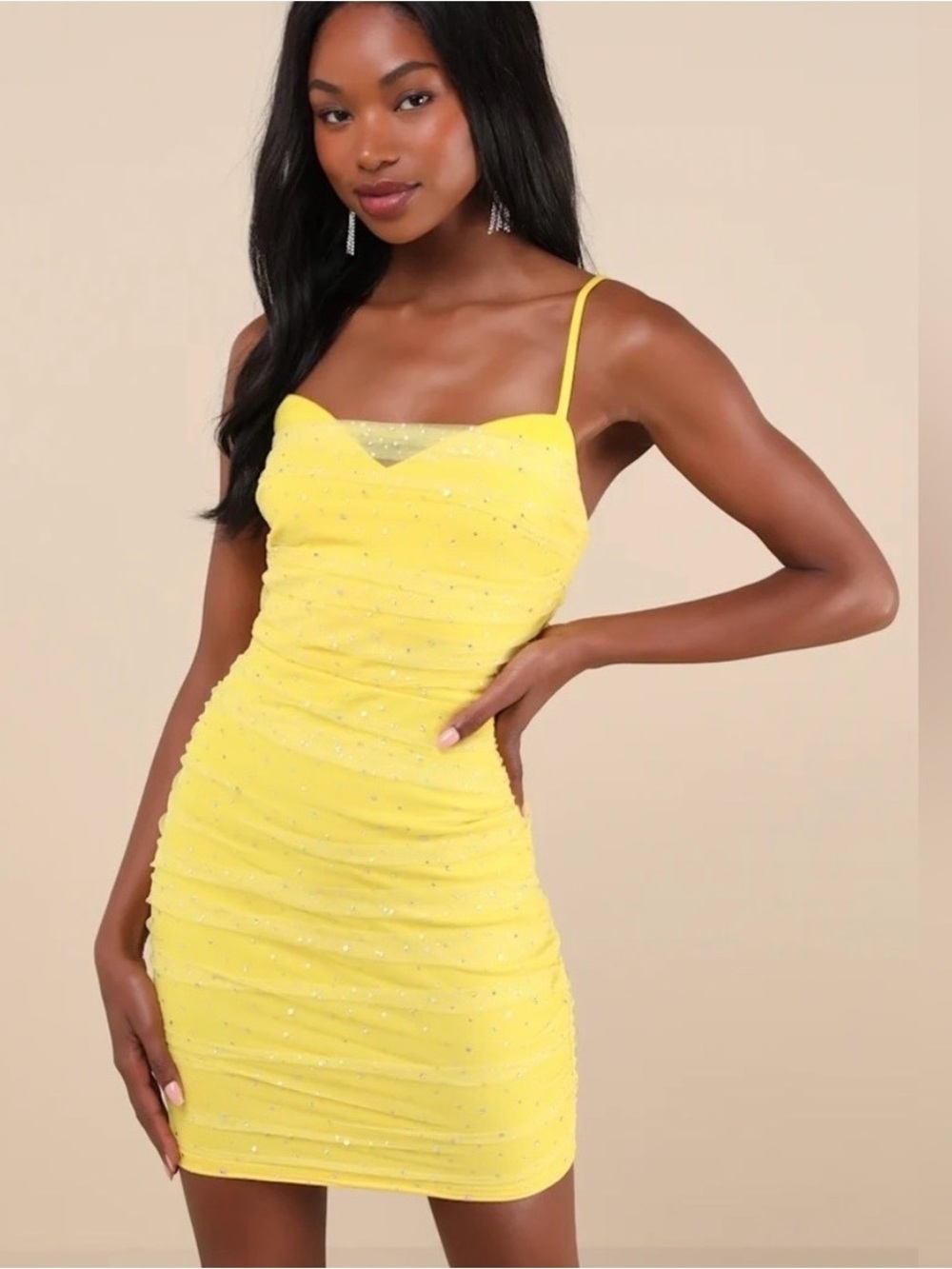 Lulu's Bright Yellow Ruched Spaghetti Strap Mini Dress